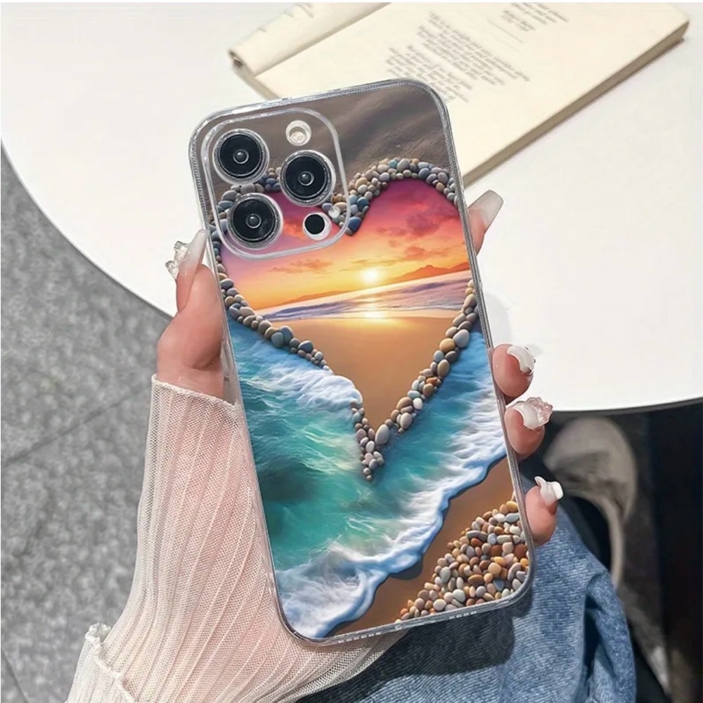 iPhone 15 Phone Case Seaside Sunsets & Rock Patterns Transparent TPU Case